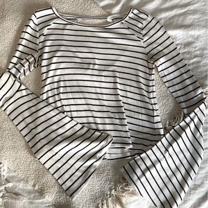 Black and white striped bell sleeved semi cropped blouse